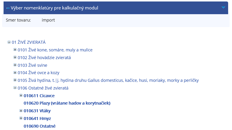 Obrázok: Výber nomenklatúry pre kalkulačný modul Obrázok: Výber nomenklatúry pre kalkulačný modul