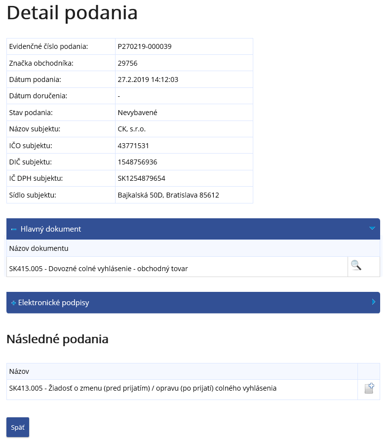 Obrázok: Zobrazenie detailu podania Obrázok: Zobrazenie detailu podania