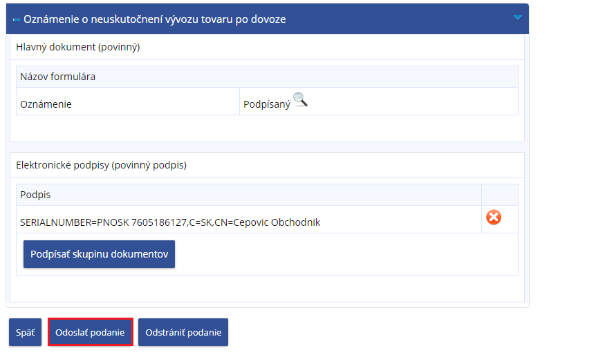 Obrazovka: Odoslanie podania
