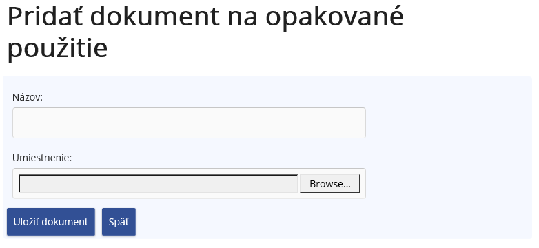 Obrázok obrazovky pre pridanie nového dokumentu na opakované použitie