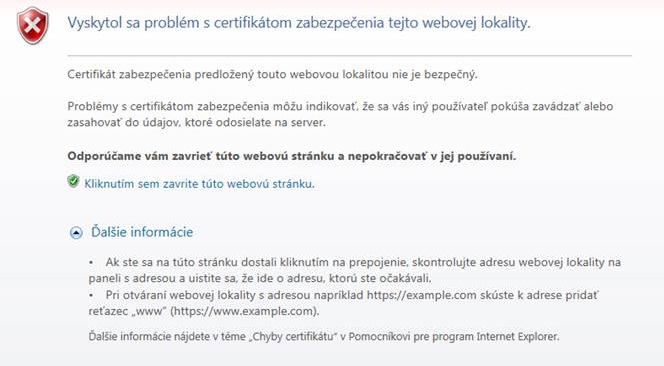 Obrázok s chybou certifikátu v IS CEP